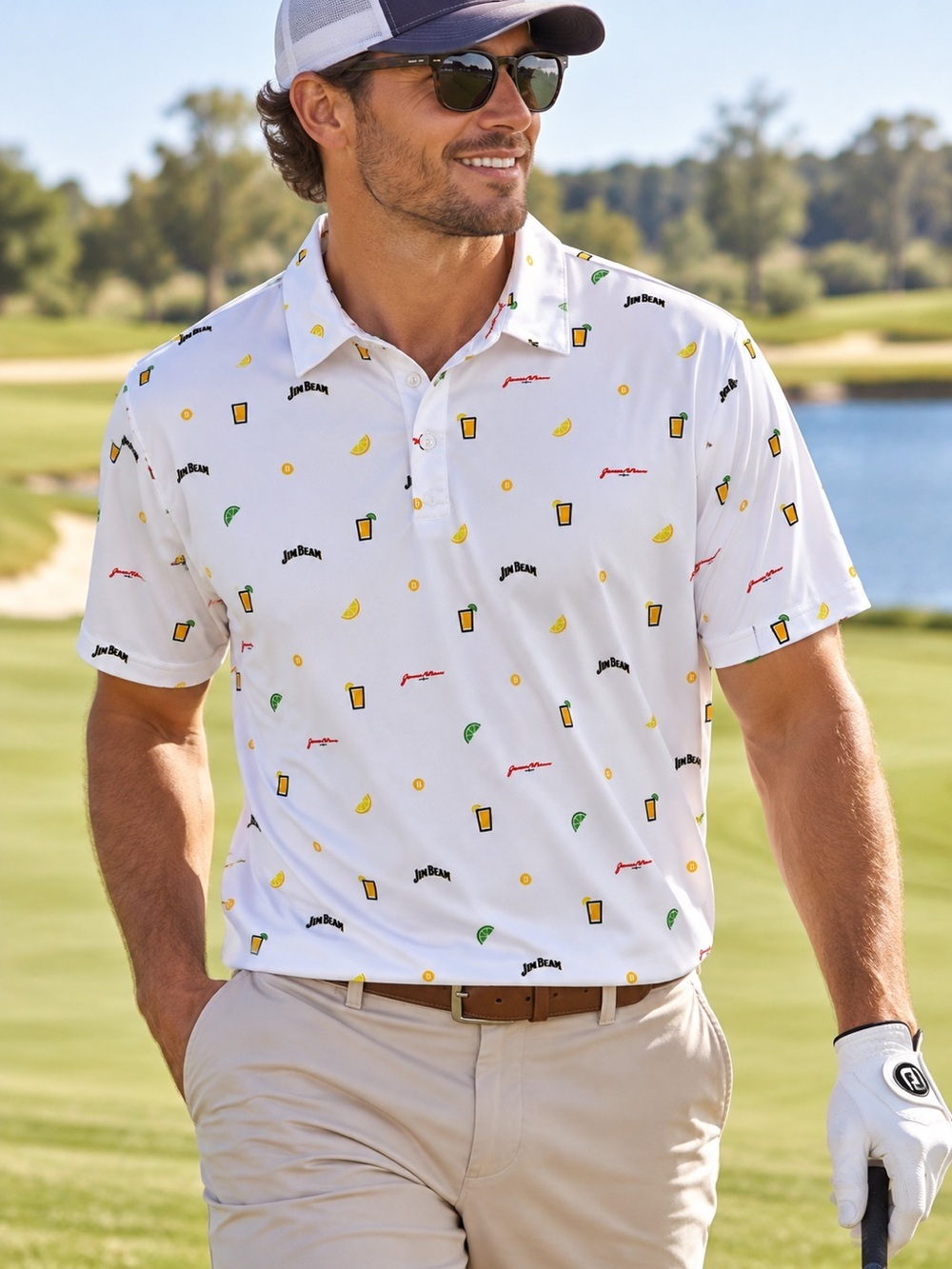 Jim Beam Polo Shirt M White Cocktail Performance Dry Fit Golfcore Novelty Print